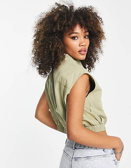 Topshop cropped sleeveless utility jacket in sage - part of a set