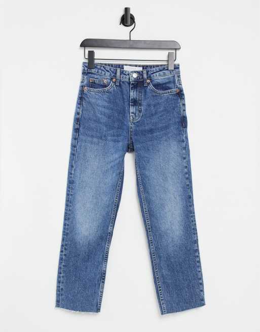 Topshop cropped straight jeans in mid wash blue