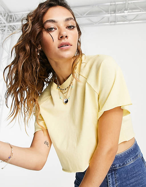 Topshop - Cropped T-shirt met raglanmouwen in geel