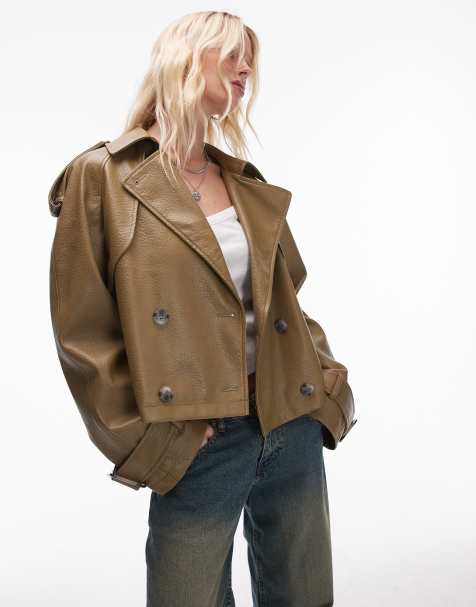 Topshop - Cropped trenchcoat van imitatieleer met textuur in saliegroen - view 1