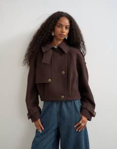 Model wearing Cropped wool blend trench in brown