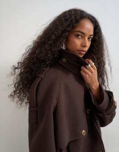 Model wearing Cropped wool blend trench in brown