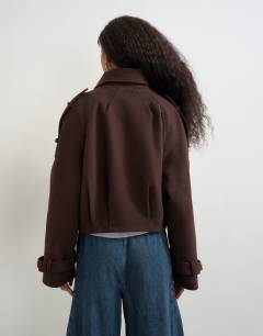 Model wearing Cropped wool blend trench in brown
