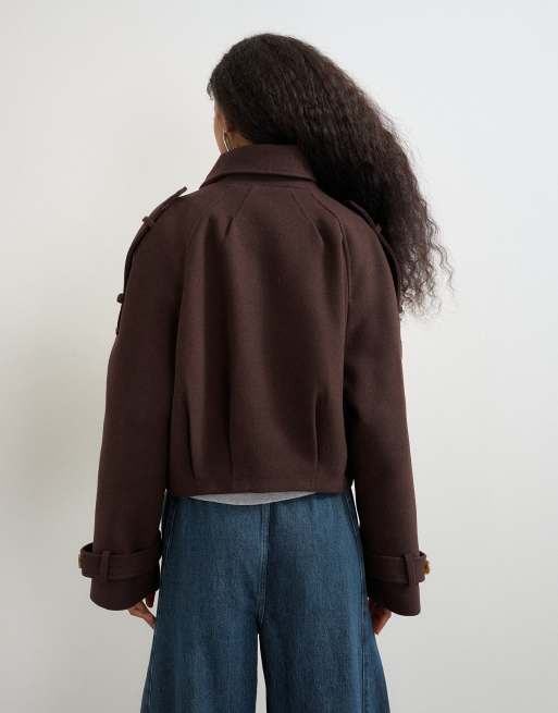 Topshop cropped wool blend trench in brown, 4 of 4