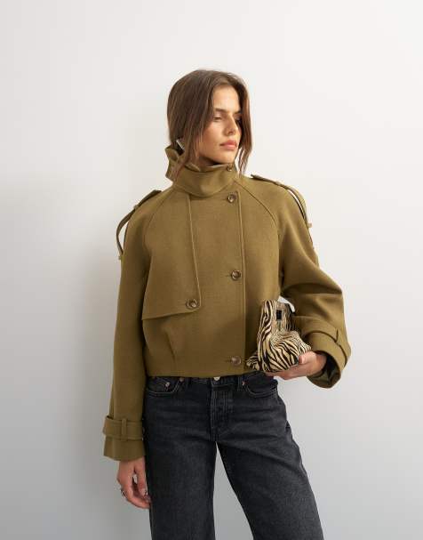 Topshop cropped wool blend trench in khaki - view 1