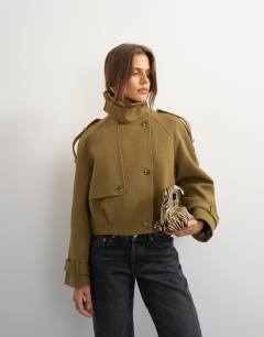 Model wearing Cropped wool blend trench in khaki
