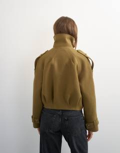 Model wearing Cropped wool blend trench in khaki