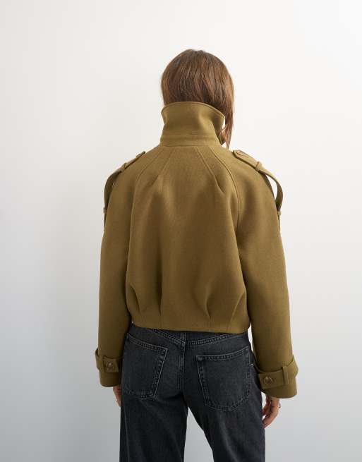 Topshop cropped wool blend trench in khaki, 2 of 4