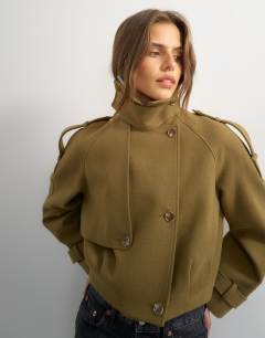 Model wearing Cropped wool blend trench in khaki