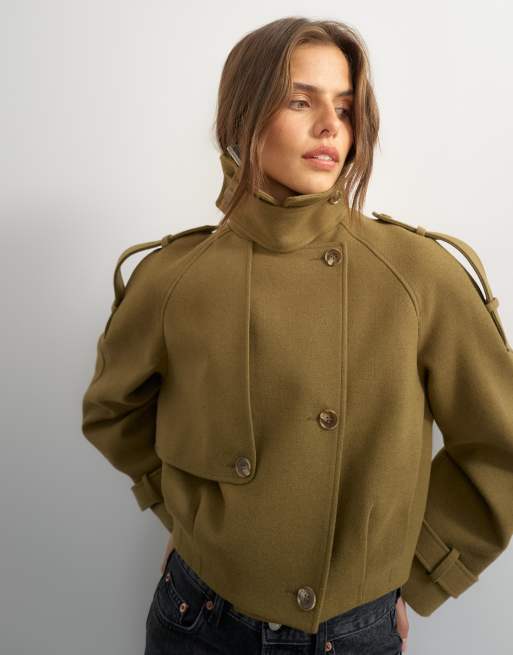 Topshop cropped wool blend trench in khaki, 4 of 4