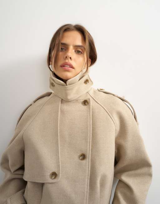 Topshop cropped wool look trench in stone, 2 of 4