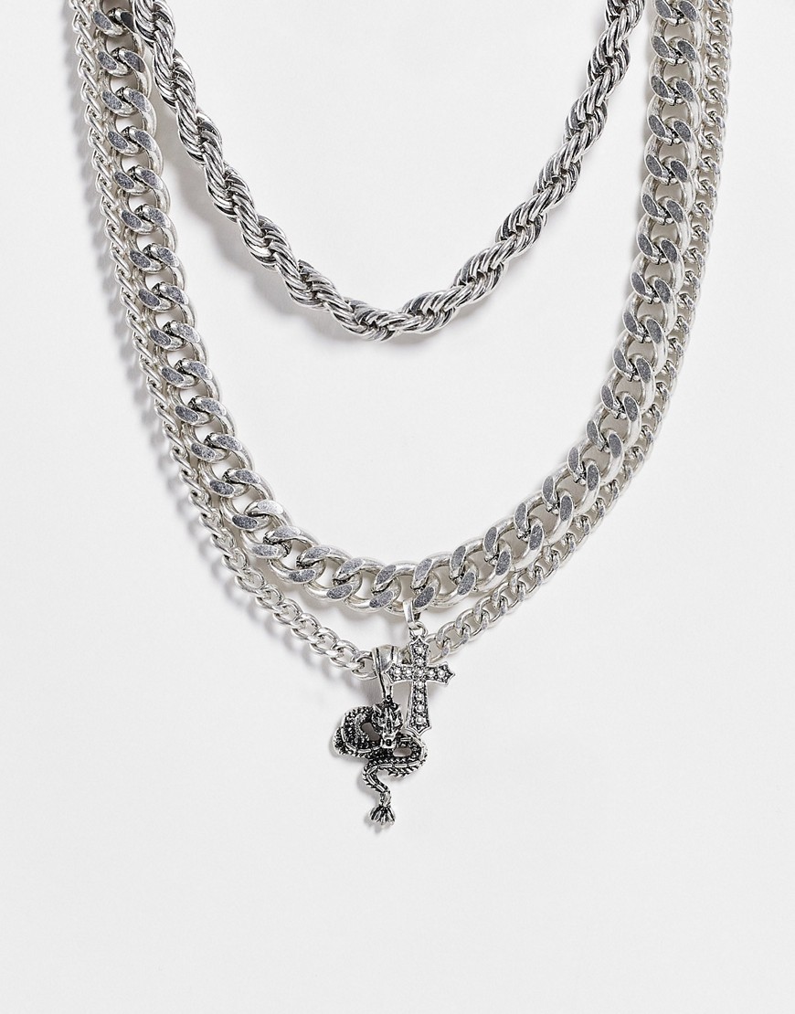 Topshop cross and snake pendant multirow necklace in silver