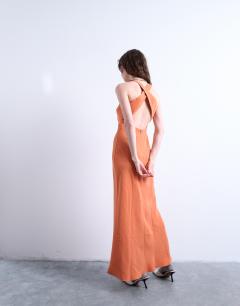 Model wearing Cross back midi cupro dress in orange