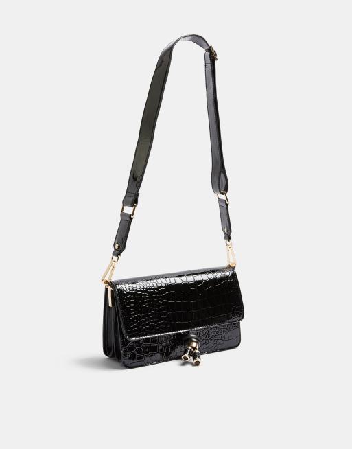 Topshop cross body bag in black croc