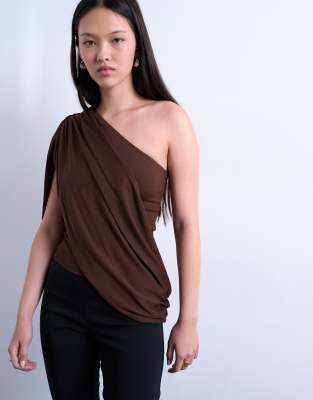 Topshop Cross Over Draped Top In Brown
