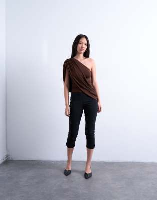 Topshop Cross Over Draped Top In Brown