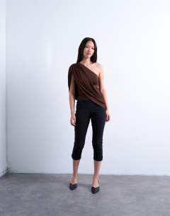 Model wearing Cross over draped top in chocolate brown
