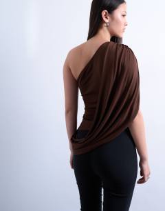 Model wearing Cross over draped top in chocolate brown