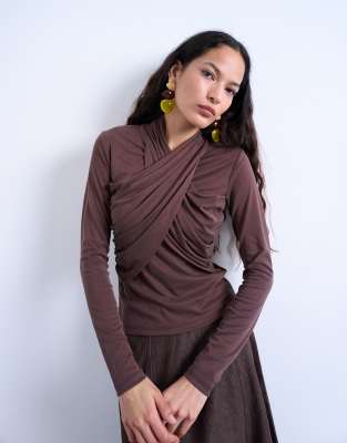 Topshop Cross Over Wrap Long Sleeve Top In Brown