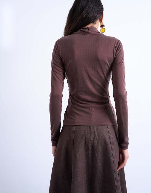 Topshop cross over wrap long sleeve top in chocolate brown, 2 of 4
