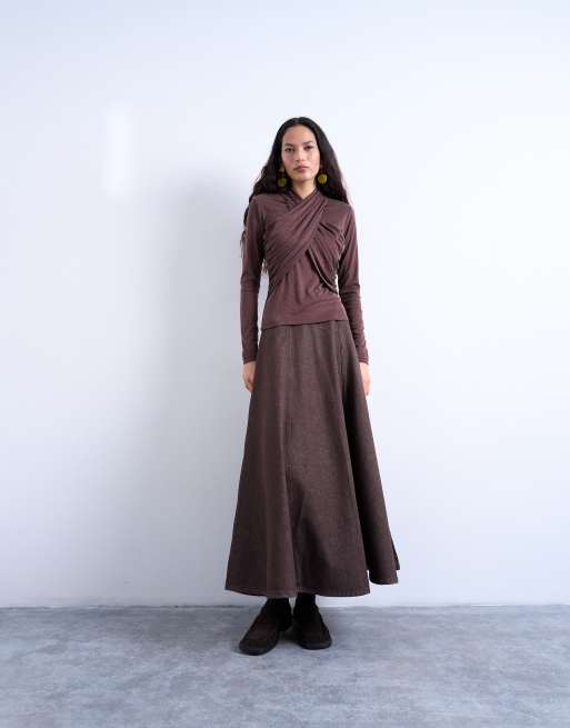 Topshop cross over wrap long sleeve top in chocolate brown, 4 of 4