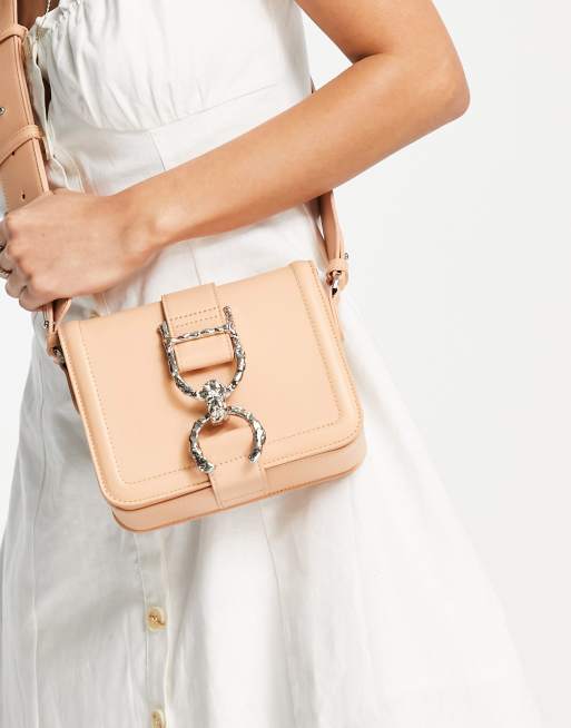 Topshop crossbody bag with hammered metal piece in apricot