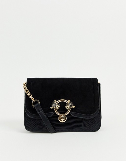 Topshop crossbody bag with panther detail in black