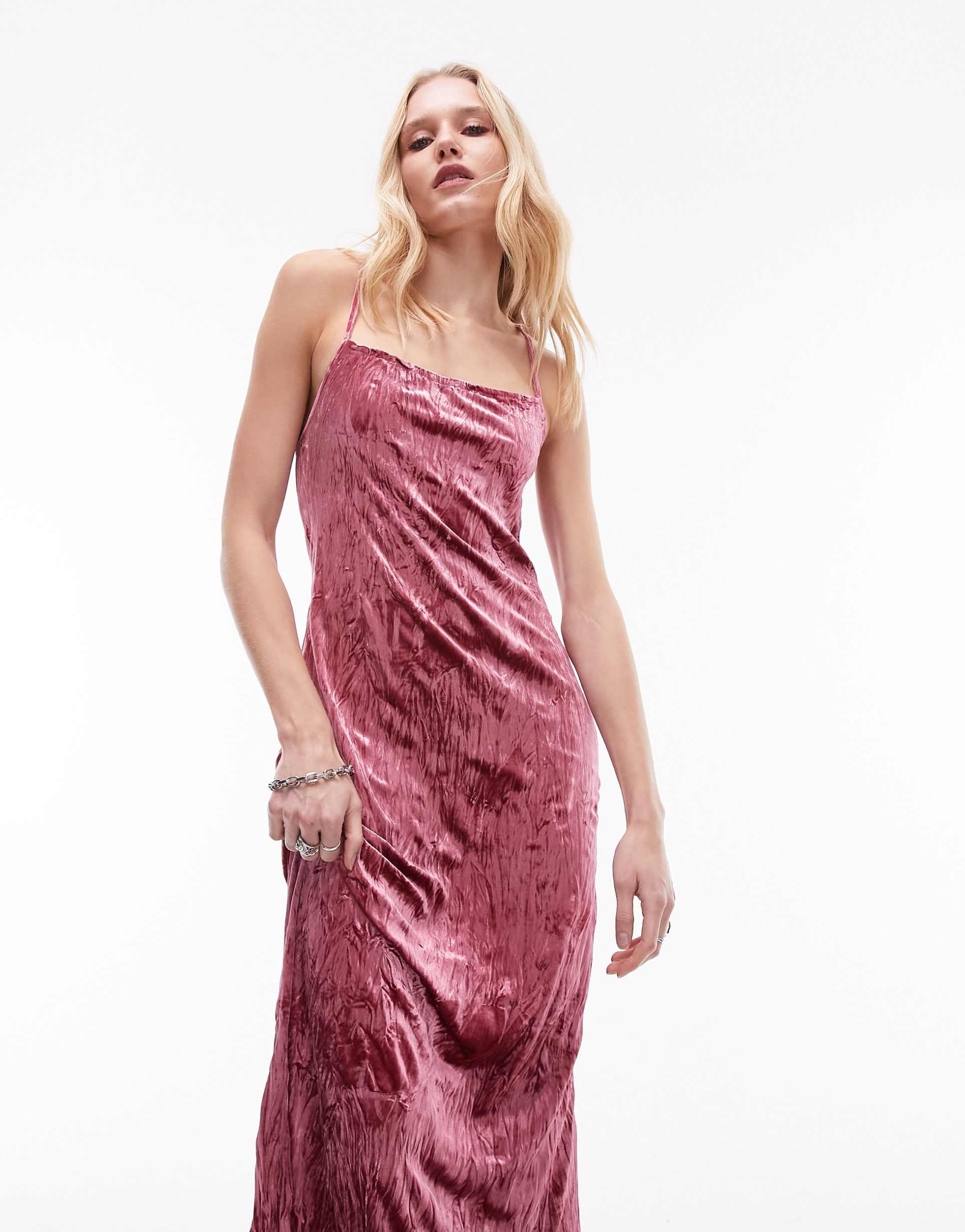 topshop crushed velvet bias maxi slip in pink