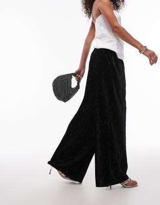 crushed velvet wide leg pants with skinny waistband in black