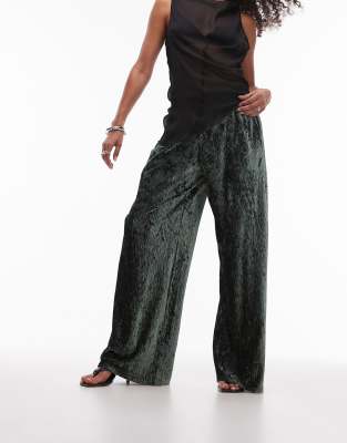 crushed velvet wide leg pants with skinny waistband in green