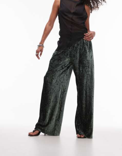 Topshop crushed velvet wide leg pants with skinny waistband in green - view 1