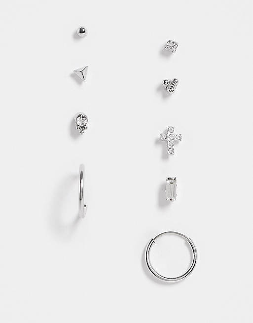 Topshop crystal cross 9 x multipack earrings in silver