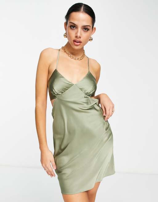 Topshop cu out satin mini slip dress in khaki ASOS