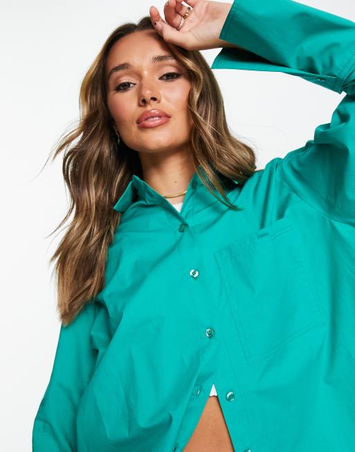 Topshop cuffed poplin shirt in green