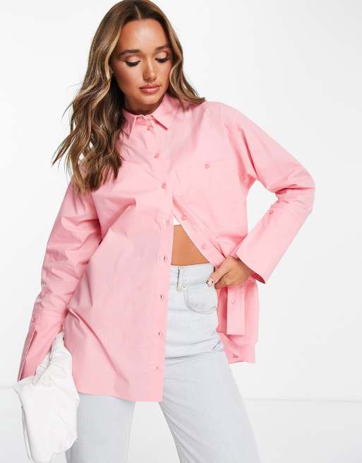 Topshop cuffed poplin shirt in pink | ASOS