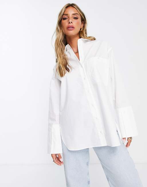 Topshop cuffed poplin shirt in white | ASOS