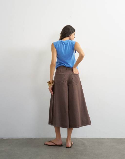 Topshop - culotte vaquera plisada en marrón lavado, 3 de 7