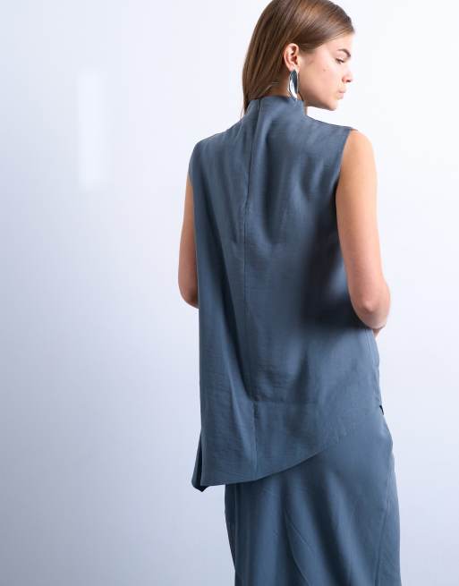 Topshop cupro asymmetric hem draped tunic top in gray blue