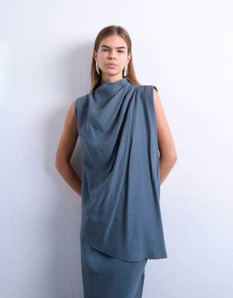 Topshop cupro asymmetric hem draped tunic top in grey blue - view 1
