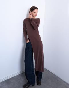 Cupro asymmetric long sleeve tunic top in chocolate brown