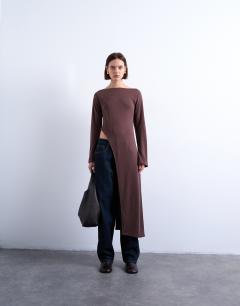 Model wearing Cupro asymmetric long sleeve tunic top in chocolate brown