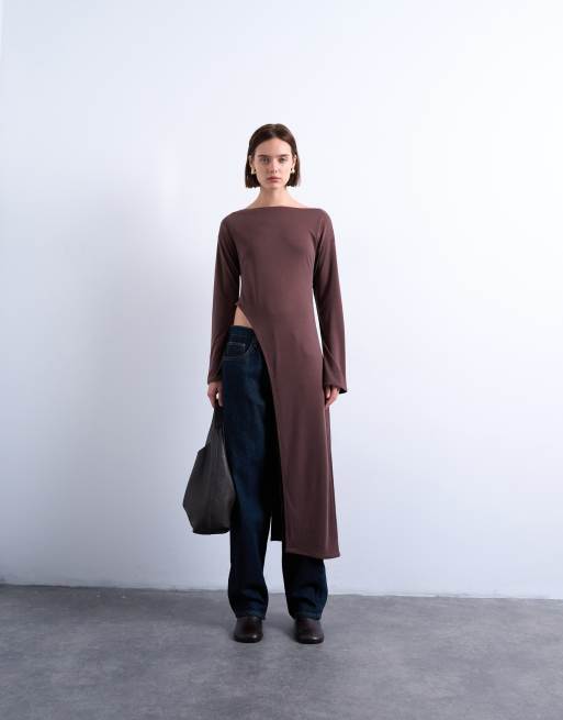 Topshop cupro asymmetric long sleeve tunic top in chocolate brown