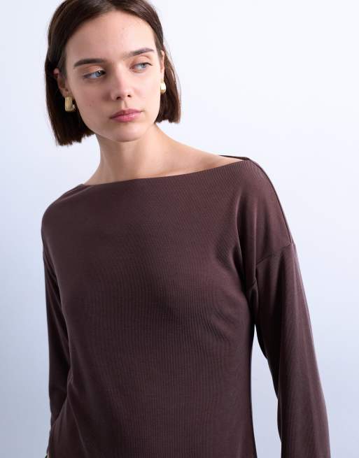 Topshop cupro asymmetric long sleeve tunic top in chocolate brown