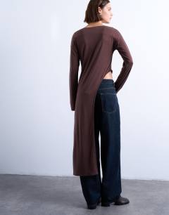 Model wearing Cupro asymmetric long sleeve tunic top in chocolate brown