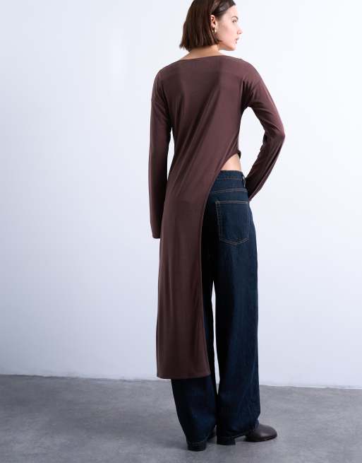 Topshop cupro asymmetric long sleeve tunic top in chocolate brown