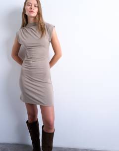Cupro asymmetric mini dress in pale khaki
