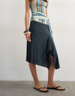 Model wearing Cupro asymmetric skirt in slate