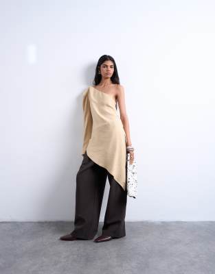 Topshop Cupro Asymmetric Top With Shoulder Pads In Neutral