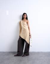 Topshop cupro asymmetric top with shoulder pads in stone