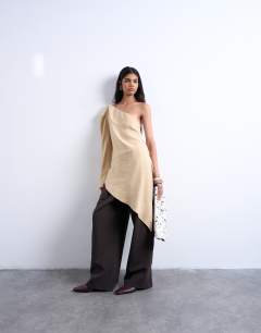 Cupro asymmetric top with shoulder pads in stone